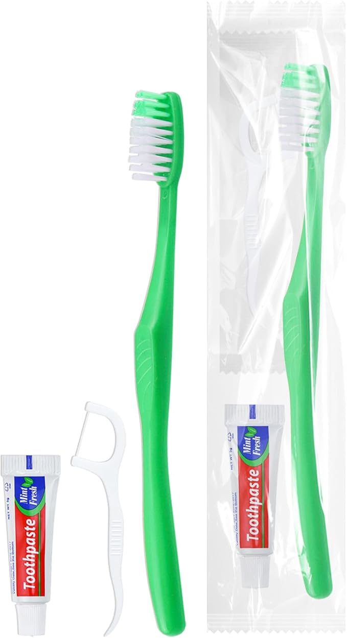 Disposable Toothbrushes with Toothpaste and Floss,10Pcs Green Single Use Individually Wrapped Disposable Travel Toothbrushes and Dental Floss Kit Bulk for Homeless,Airbnb,Hotel,Dentist