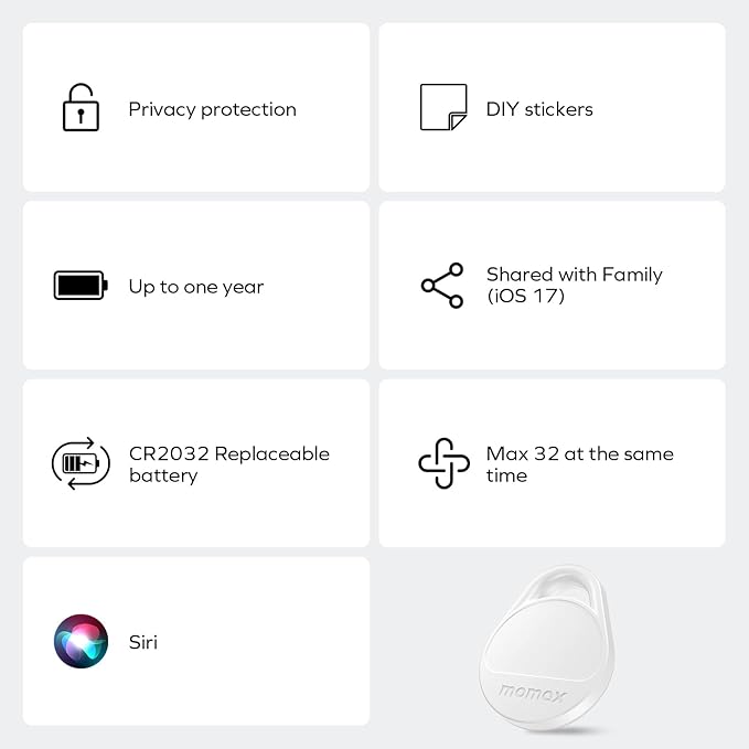 Momax Key Finder Tracker Tag - [Apple MFi Certified] Smart Bluetooth Tracking Device with Find My (iOS Only), Replaceable Battery, DIY Stickers, for Wallets, Luggage, Suitcases, Backpacks, 2 Pack
