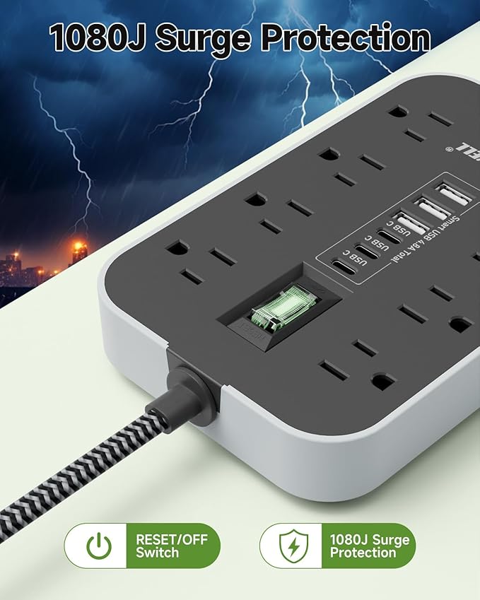 Power Strip Surge Protector- 5FT Flat Plug Extension Cord, 8 AC Outlet& 6 USB Ports(3 USB C), 1080 J Surge Protection, Desk Charging Station, Overload Switch, Home, Office, Gaming Room Essentials.