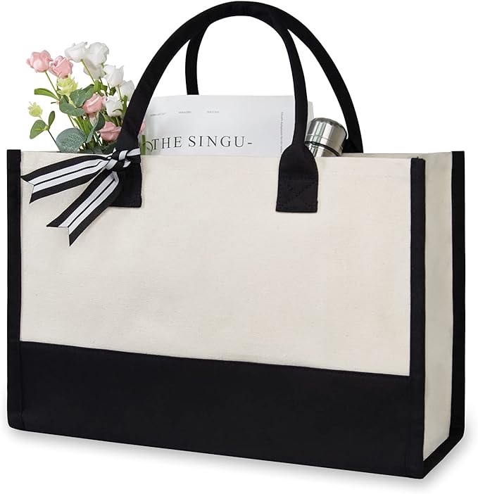 TOPDesign Classic White & Black Cotton Canvas Tote Bag, DIY Your Creativ Designs (Blank)