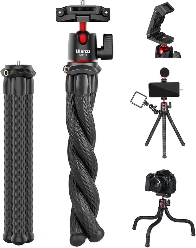 ULANZI Camera Tripod, Mini Flexible Stand w Hidden Phone Holder w Cold Shoe Mount, 1/4'' Screw f Magic Arm, Universal f iPhone 16 15 14 Pro Max XS Max X 8 Samsung Canon Nikon Sony DJ Pocket 3 Cameras