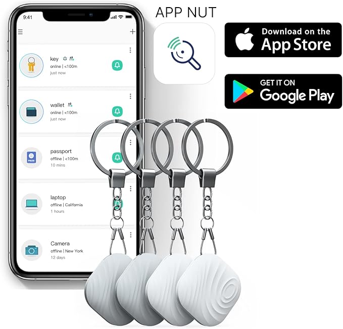Key Finder, Bluetooth Tracker Item Locator with Key Chain for Keys Pet Wallets or Backpacks and Tablets, Batteries Include (2 White & 2Gray, 4 Pack)