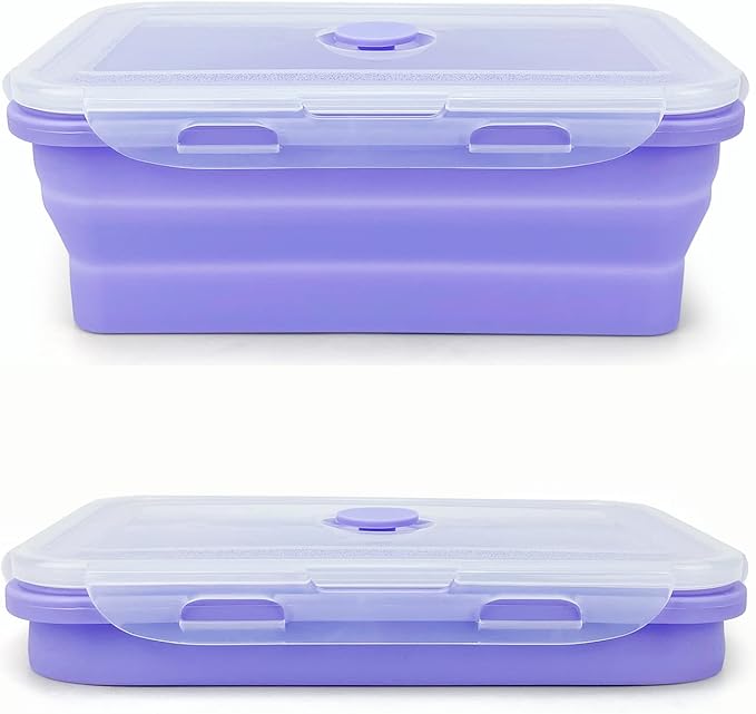 Purple Collapsible Sandwich Container, Silicone Lunch Container Bento Box with Plastic Lid, Microwave Safe, Camping Bowl For Meal Prep, Travel and Hiking, 40oz/1200ML