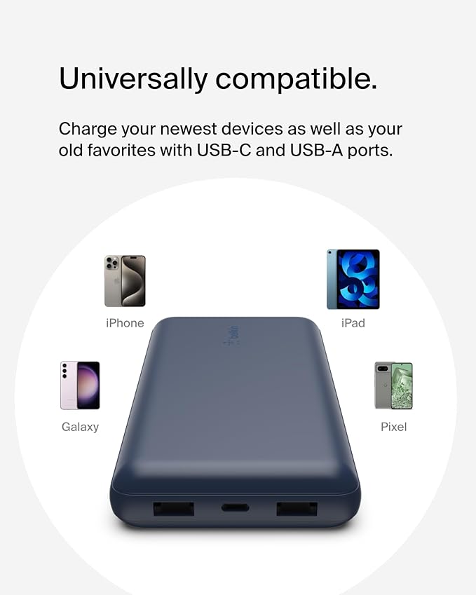 Belkin Portable Charger, USB C Power Bank 20000 mAh w/ 2 USB-A Ports, 15W w/ Type-A to Type-C Cable for iPhone 16, 15, Plus, Pro, Max, Samsung Galaxy S25, S24, Google Pixel 10, iPad, etc. - Blue