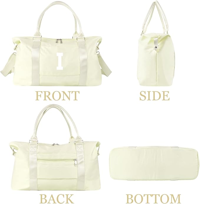 Initial Travel Duffel Bag Sports Gym Bag for Kids Teen Birthday Gifts,Beige Personalized Weekender Bag Carry On Dance Bags for Women Men,Waterproof Monogram Overnight Bag with Trolley Sleeve(Letter I)