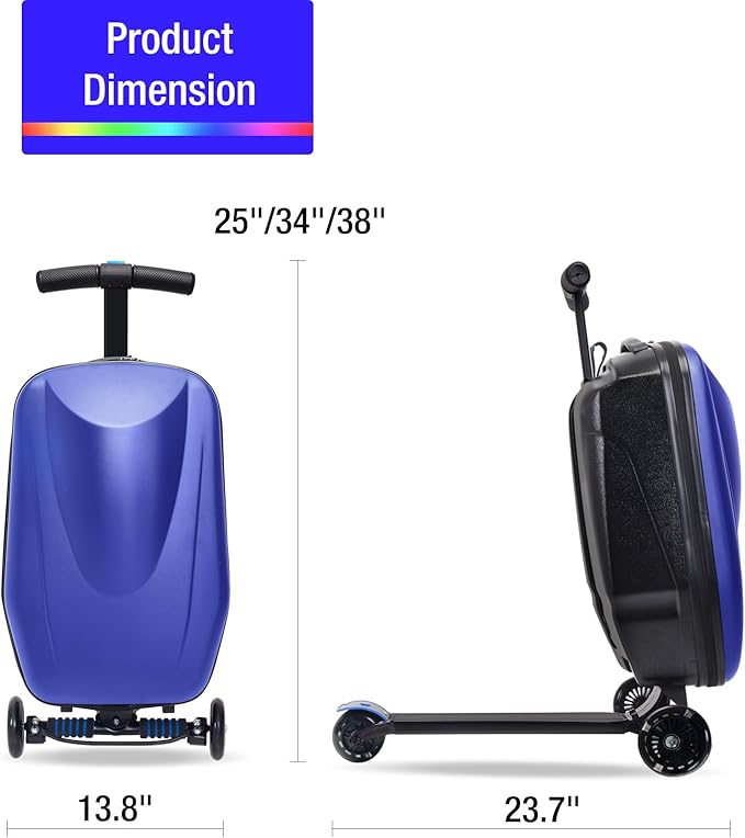 20" Scooter Suitcase for Kids, 2-in-1 Ride On Luggage with Wheels for Boys & Girls Ages 4-15, Foldable Hardshell Carry On Lightweight Travel Suitcase for Airplane (With LED, Dark Blue)