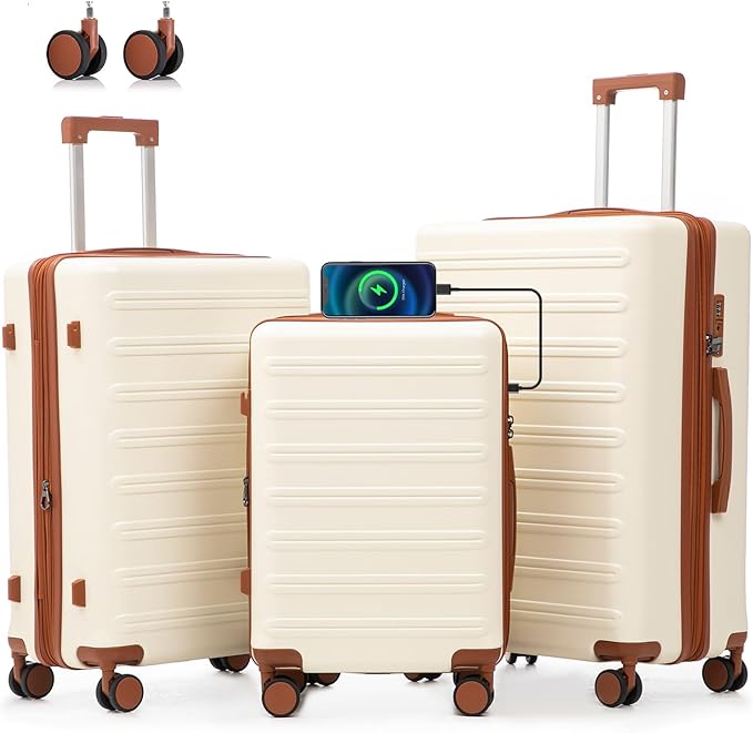luggage sets 3 Piece with Spinner Wheel,100% PC Material Lightweight Durable,Expandable Carry On Travel Hardside Suitcase sets with TSA Lock for Men and Women (White+brown)