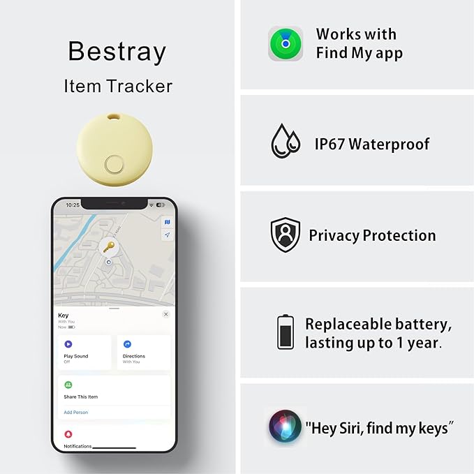 Air Tracker, Smart Bluetooth Tracker Works with Apple Find My (iOS Only), Item Finder Locator for Keys, Luggage, Backpack, IP67 Waterproof, Yellow
