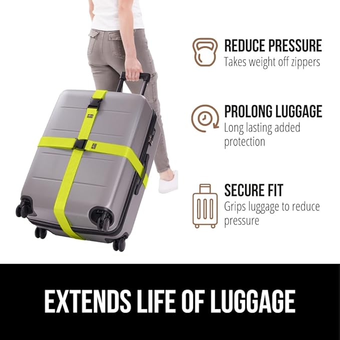 GORILLA GRIP Heavy Duty Adjustable Luggage Straps for Suitcases, Easy to Identify Travel Belt Connector Holds Suitcase Together, Extends Life of Bag, Strap Connects Two Bags, Accessories 2 Pack Yellow