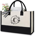 TOPDesign Personalized Initial Jute/Canvas Beach Bag, Monogrammed Gift Tote Bag for Women