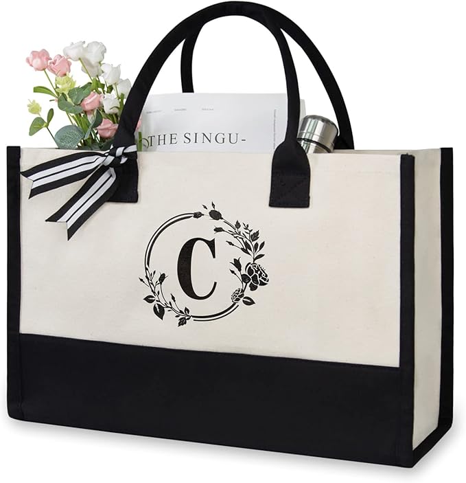 TOPDesign Personalized Initial Jute/Canvas Beach Bag, Monogrammed Gift Tote Bag for Women