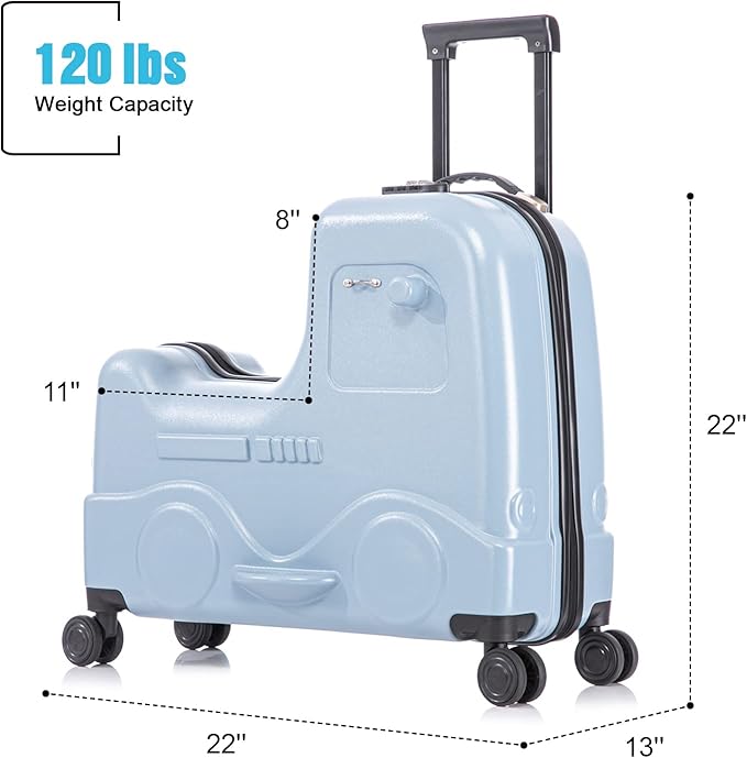 Apelila 22 inch Ride on Suitcase for Kids Travel Trolley Luggage with Spinner Wheels Travel Suitcase for Child with Combination Lock/Safety Belt/Telescoping Handle (Blue)