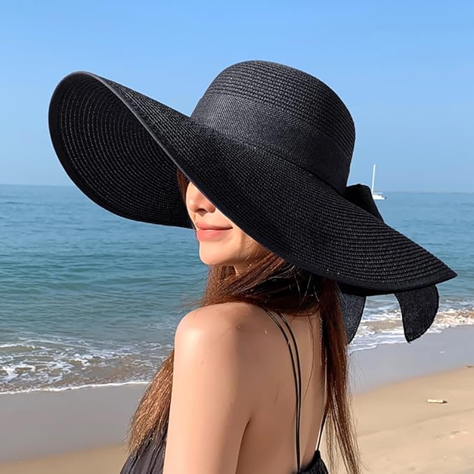 DRESHOW Beach Hats for Women Big Straw Wide Brim Summer Hat Floppy Foldable Roll up Cap Sun Hat UPF 50+