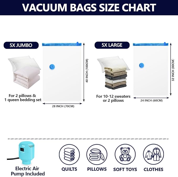 Vacuum Seal Bags for Clothing with Electric Pump, 10 Pack(5 Jumbo/5 Large Vacuum Storage Bags) Space bags vacuum Packing Bag for Travel Luggage Blankets Comforters Vaccine Sealed Storage Bag