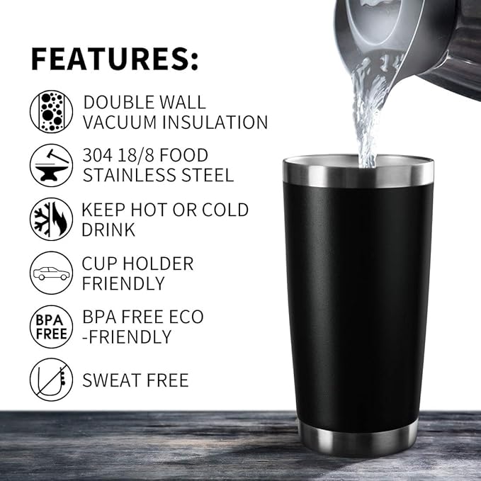 20oz Tumbler Bulk Stainless Steel Vacuum Insulated Tumblers with Lid Double Wall Travel Mug Durable Powder Coated Coffee Cup, Suitable for Ice Drinks and Hot Beverage (Black 6pack)