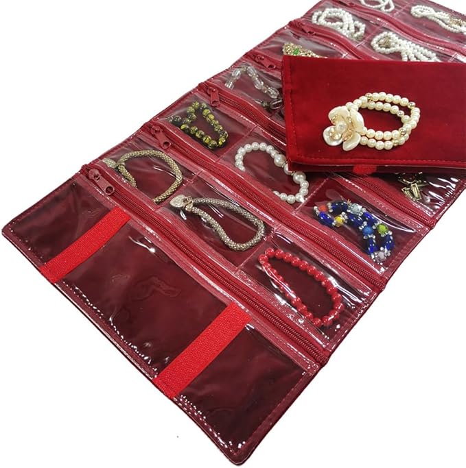 Travel Jewelry Roll Bag Portable Organizer Pouch With Grids&PVC Cover Storage Bags for Necklace, Bracelet, Bracelet,Ring, Badge, Pendant