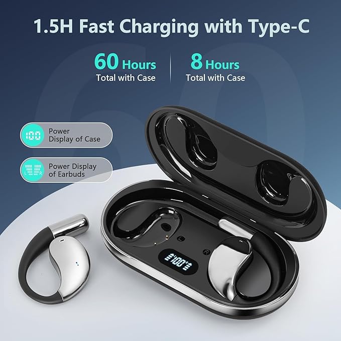 Ultra Ergonomic Open Ear Earbuds, Bone Conduction Over The Bluetooth Headphones Built-in Mic, Waterproof Design, LED Digital Display, Touch Control Operate, Fit Cycling Running Workout Sport, Black