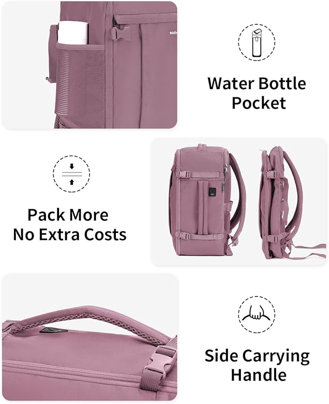 ECOHUB Travel Backpack for Women, Carry on Backpack with USB Charging Hole, Spirit Airlines Personal Item Bag Flight Approved, 15.6 Inch Laptop Backpack with Anti Theft Pockets, 30L, Pink