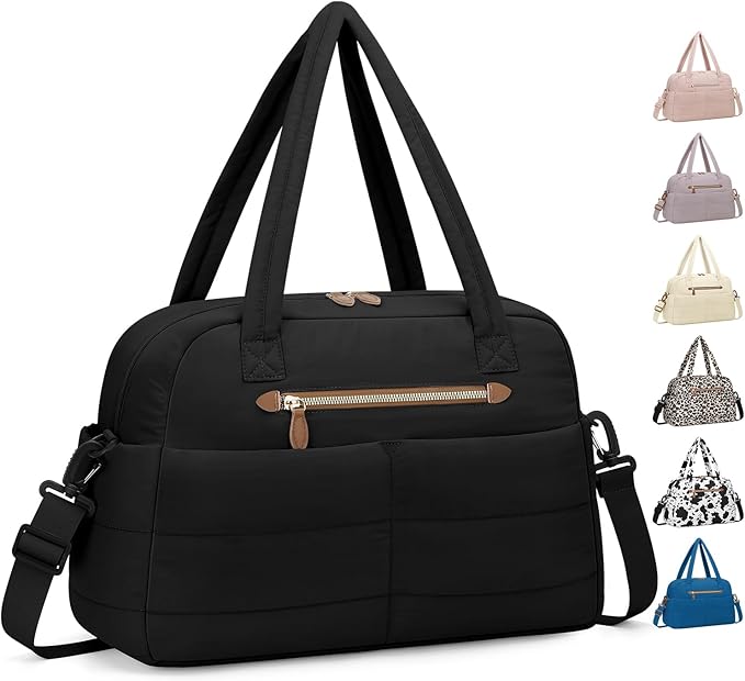 Travel Duffle Bag,Puffer Carry On Duffel Bag with Laptop Compartment Waterproof Overnight Weekender Bags for Women Large Hospital Tote Bags for Labor and Delivery(Medium,Black)