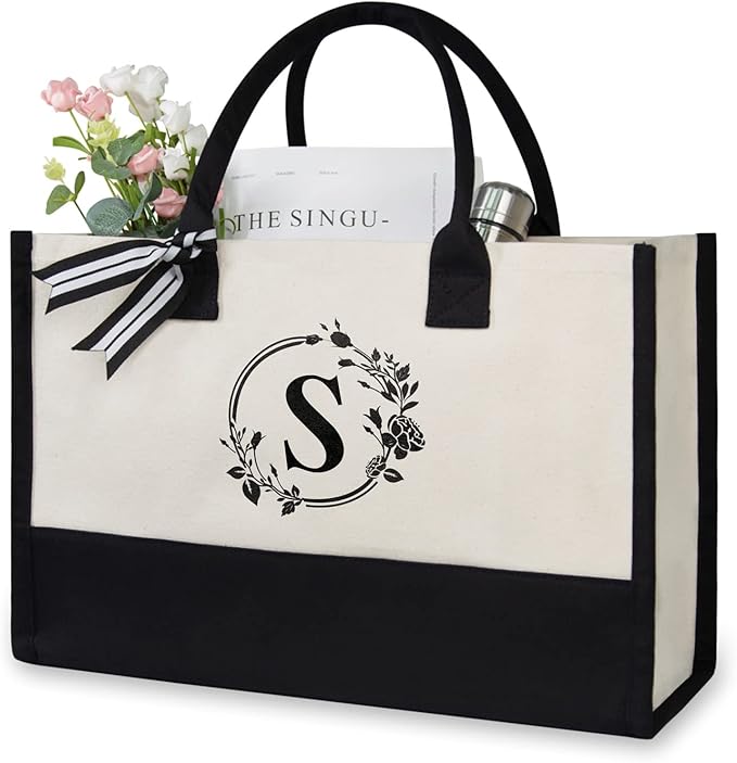 TOPDesign Personalized Initial Jute/Canvas Beach Bag, Monogrammed Gift Tote Bag for Women