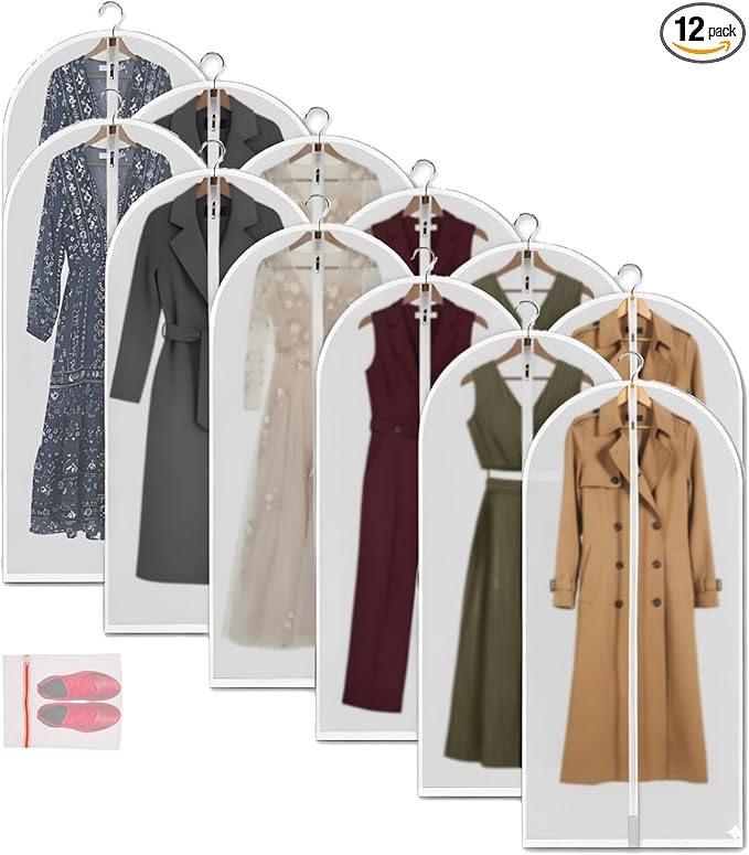Clear Garment Bags Clothes Covers Protecting Dusts (set Of 12) For Storage Plastic Garment Bags Hanging Clothes Bags with Zipper Gown Garment Bag for Long Dresses - 24'' X 60''/12 Pack
