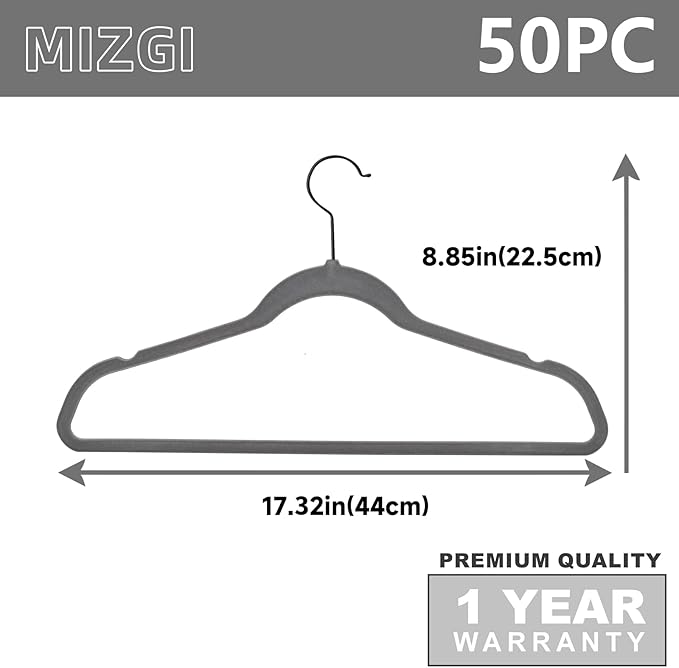 MIZGI Premium Velvet Hangers (50 Pack) Heavy Duty - Non Slip Felt Hangers - Velvet Suit Hanger Gray - Black Coated Hooks,Space Saving Clothes Hanger