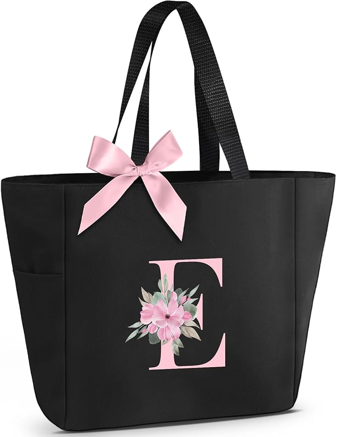 Vavabox Tote Bag, A-Z Initial Monogrammed Waterproof Tote Bag, Bridesmaid Gifts for Women, Black and Pink