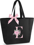 Vavabox Tote Bag, A-Z Initial Monogrammed Waterproof Tote Bag, Bridesmaid Gifts for Women, Black and Pink