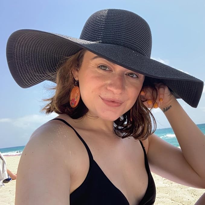 DRESHOW Beach Hats for Women Big Straw Wide Brim Summer Hat Floppy Foldable Roll up Cap Sun Hat UPF 50+