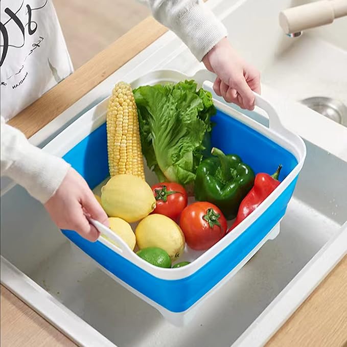 2.4 Gal(9L) Collapsible Dish Basin with Drain Plug - Collapsible Wash Basin for Baby Bottles, Space-Saving Camping Sink for Dishes Washing (Blue)