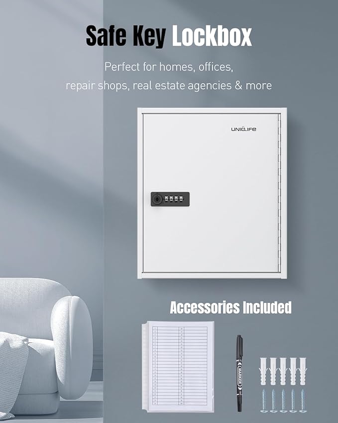 Uniclife 60 Position White Key Cabinet Steel Security Storage Box with Combination & Key Lock, Resettable, Digital, Adjustable Racks, Colorful Labels & Hooks