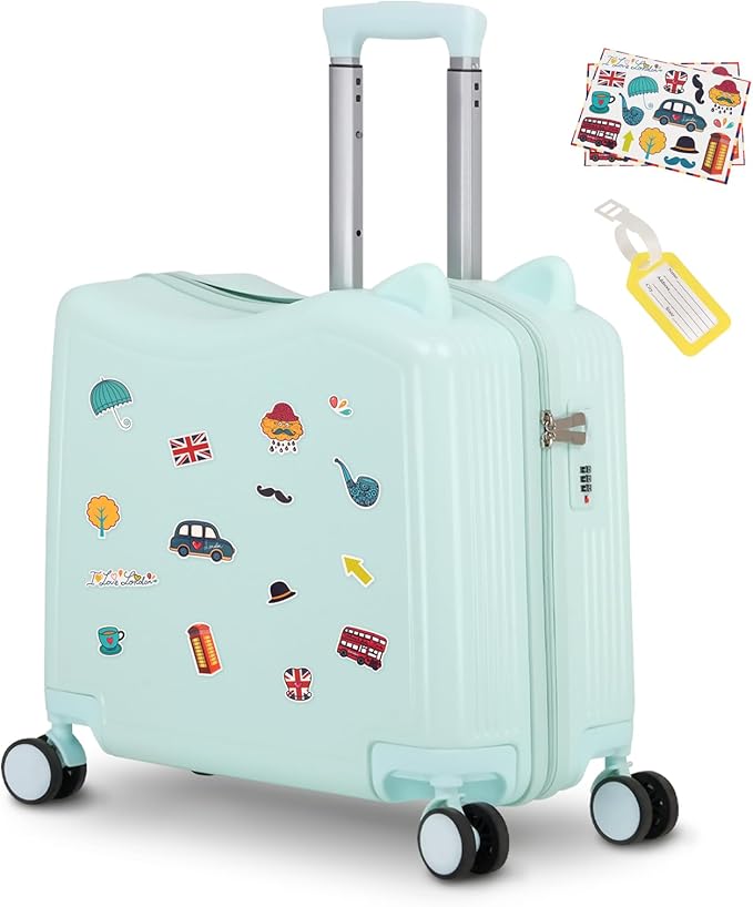 smilesun 20" Ride-On Travel Suitcase for Kids, Cute Ear Toddler Carry on Luggage with Spinner Wheels, Children Rolling Trolly Luggage with Combination Lock (Green NO Rope)