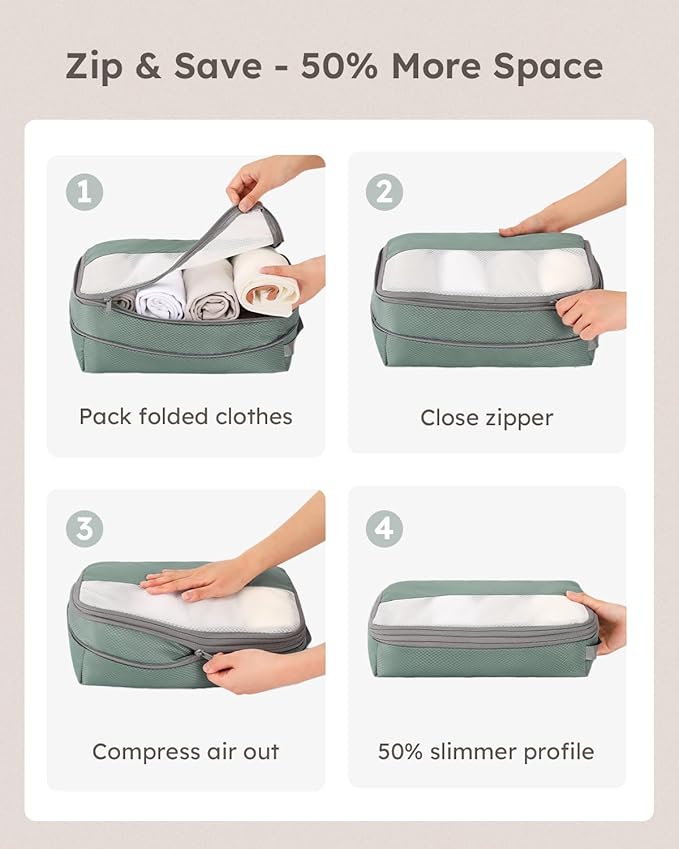 6 Set Compression Packing Cubes for Travel, Bonus Versatile Drawstring Backpack, Lightweight Luggage Organizer Bags, Sturdy Travel Accessories for Suitcase, Dark Green