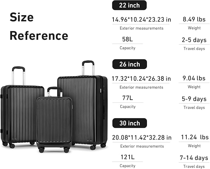 KYME Luggage Sets, 100% PC Suitcase With Double Spinner Wheels & TSA Lock, Hard Shell 3 Piece Set, 22/26/30, Black
