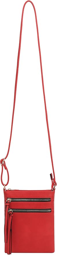 DELUXITY | Red Crossbody Bag | Women's Fashion Multi-Pocket Double Zipper Purse | Adjustable Strap | Medium Size | Perfect for Christmas