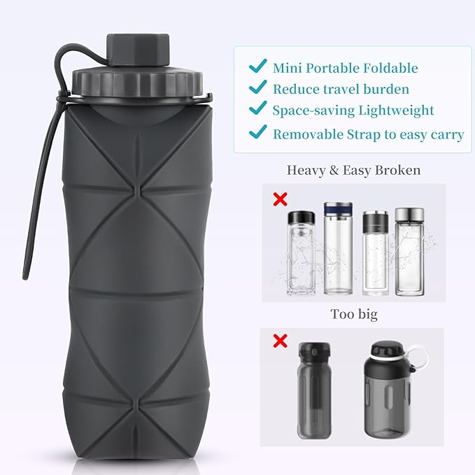 Silicone Collapsible Water Bottles,Lightweight Reusable Leakproof For Traveling Camping Hiking Cycling Sports Outdoor,Foldable Portable Travel Water Bottle 600ML Purple 1Pack.
