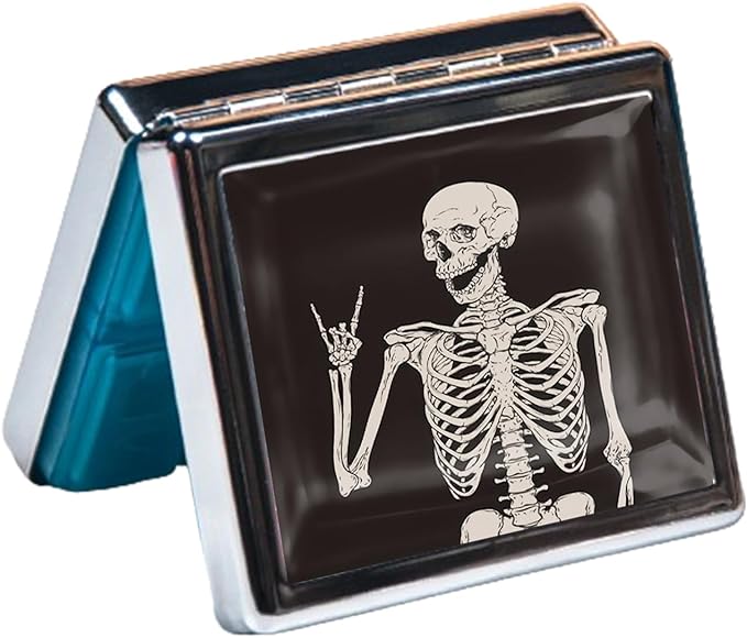 Silver Vintage Pill Box 7 Day Metal Pill Box with Mirror and 8 Compartments Cute Travel Pill Organizer for Purse (Rock and Roll Skull Skeleton)