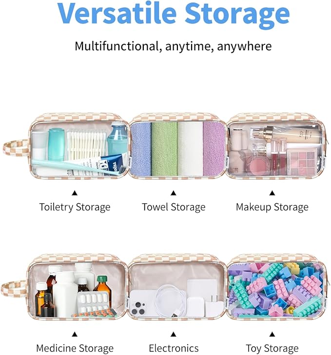 Narwey Clear Toiletry Bags for Traveling Women Men, Clear Travel Bags for Toiletries Makeup Bag Cosmetic Bag with Zipper, Make Up Organizer, Skincare Bag (Light Checkerboard)