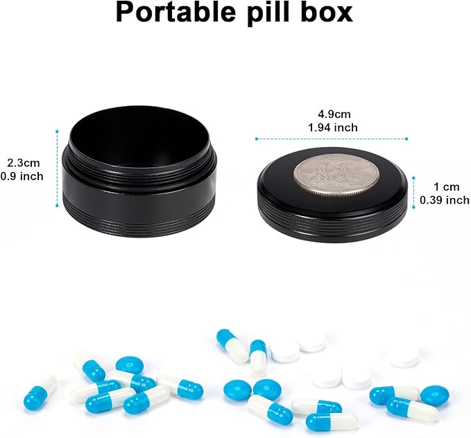 Portable Pill Box Metal Pill Case - Single Waterproof Pill Container for Purse & Pocket Travel Pillbox, Daily Round Aluminium Medicine Organizer Holder to Hold Vitamins, Medication, Fish Oil