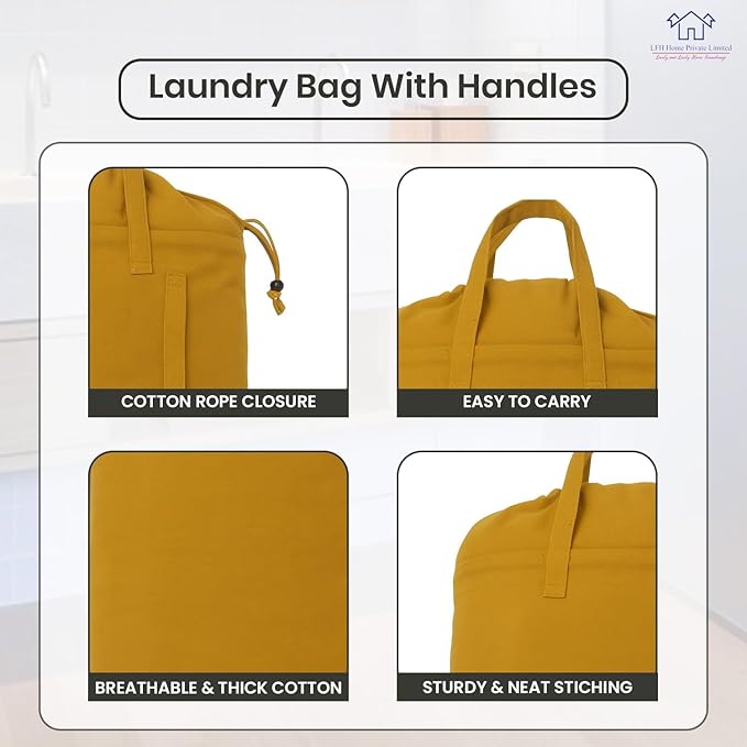 LFH Home Cotton Canvas Large Laundry Bag with Handle, Heavy Duty Drawstring Closure Washable Laundry Bags, School Travel, Home, Hotel, College Dorm, Organizer Sack, Toys Clothes 28x40-Yellow