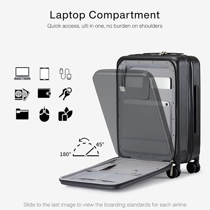 Hanke Grace Carry On Luggage with Wheels Airline Approved Hard Shell Suitcases with Front Pocket，Top Opening Luggage with TSA Lock for Short Business Travel， Jet Black.