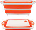 Collapsible BBQ Prep Tub/Cutting Board 10L, Foldable Dish Tub with Colander, Portable Camping Sink, Multifunction Dishing Basin Bucket Wash Tub for Kitchen Fruit Vegetable Picnic (Orange)