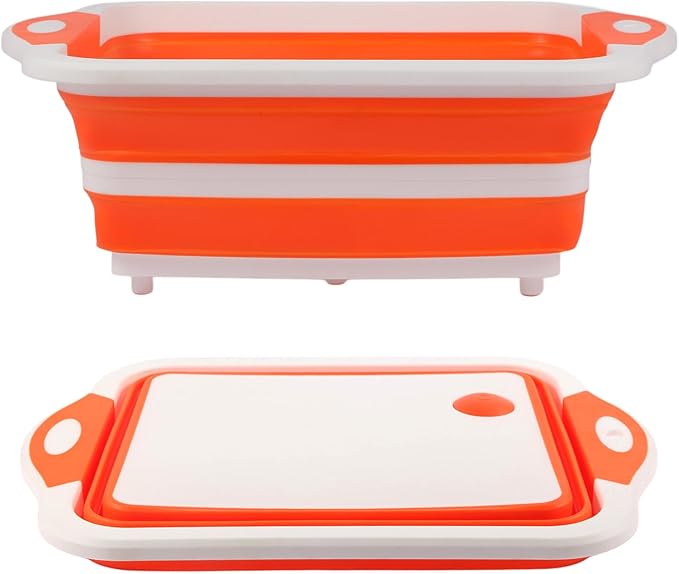 Collapsible BBQ Prep Tub/Cutting Board 10L, Foldable Dish Tub with Colander, Portable Camping Sink, Multifunction Dishing Basin Bucket Wash Tub for Kitchen Fruit Vegetable Picnic (Orange)