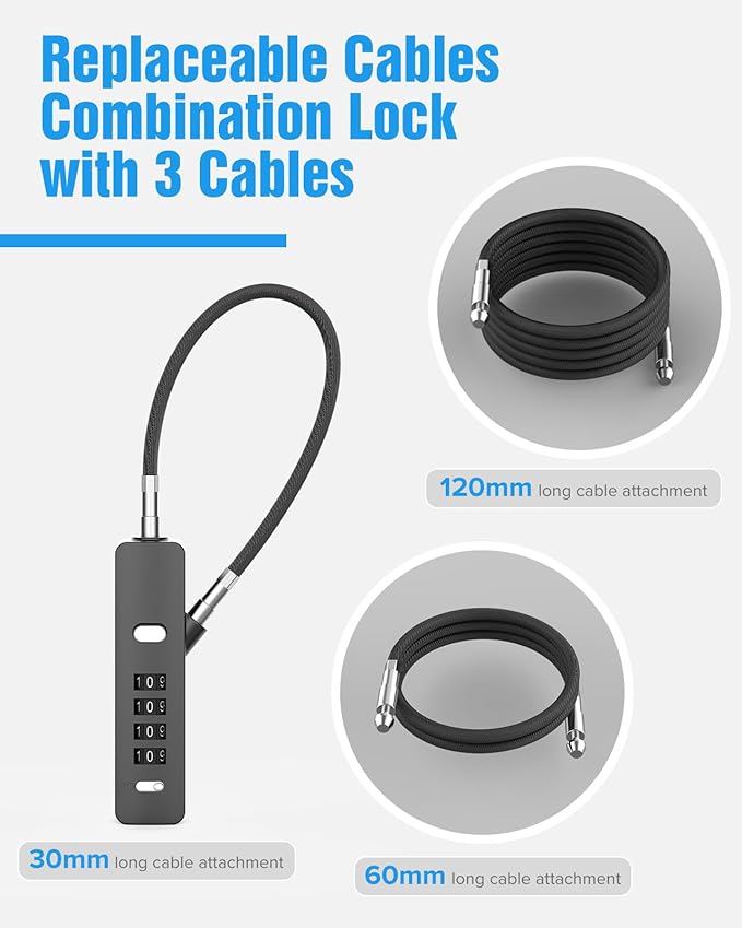 Combination Lock, 4-Digit Steel Cable Locks with Code, Locks for Lockers with 3 Lengths Cables for Bikes, File Cabinets, Wardrobes, Small Fences, Refrigerator Door (Gray-1pc)