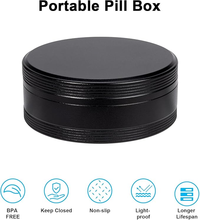 Portable Metal Pill Box - Travel Daily Pill Case, Waterproof Pill Container for Purse Pocket, Compact Medicine Organizer Holder for Medicines, Vitamins, Fish Oils