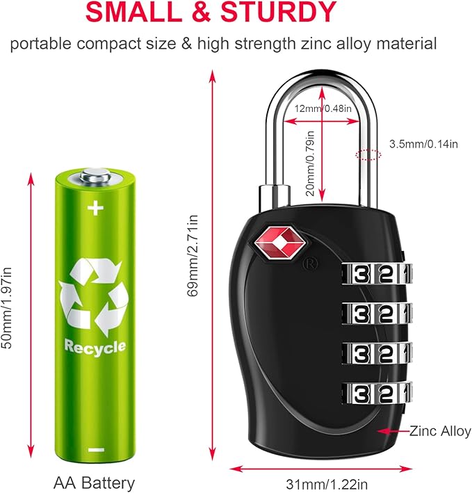 ZHEGE Suitcase Lock TSA Approved, 4 Digit Combination Luggage Lock Resettable for Backpack, Briefcase, Tent, Small Gym Locker Padlock (Black)