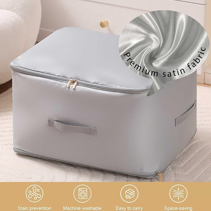 Ultra Space Saving Self Compression Organizer, 2025 New 3-Layer Zipper Large Capacity Storage Bag, Thick Satin Fabric Heavy Duty Bags for Comforters Blankets Bedding Duvet (Gray, X-Large, 2PC)