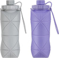 YCT Collapsible Silicone Travel Water Bottle 20oz (600ml), Reuseable Leakproof BPA Free Foldable Sports Bottle, with Carrying Strap, Light Gray + Purple