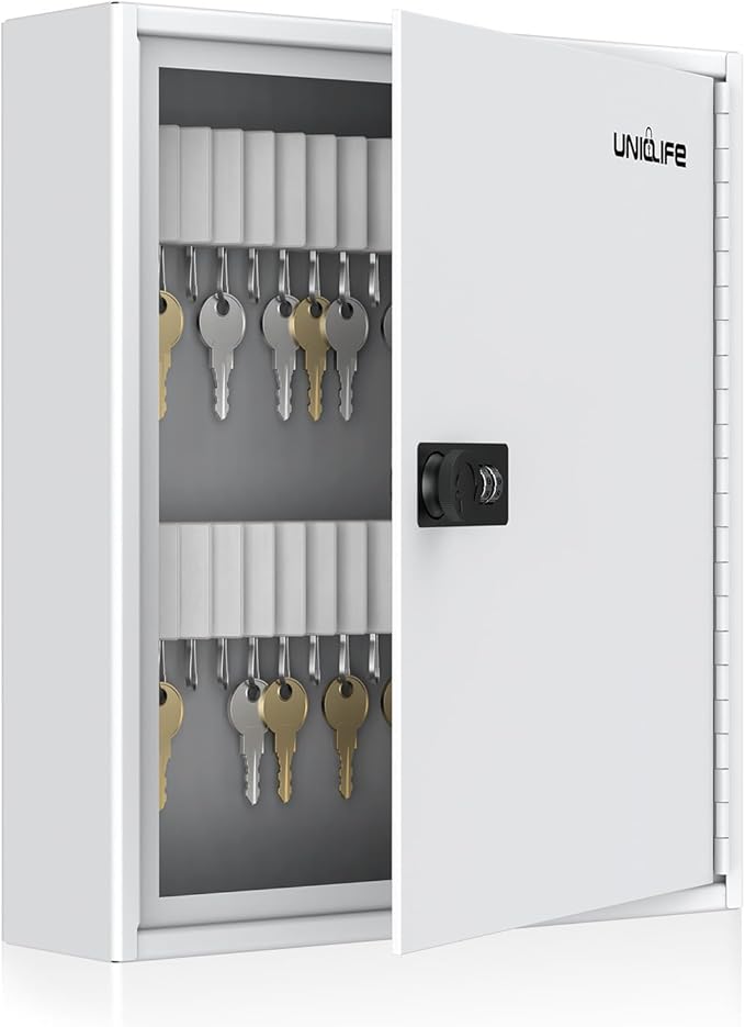 Uniclife 60 Position Slotted Key Cabinet with Combination Lock Resettable White Digital Security Storage Box Steel Key Organizer with Slotted Racks White Key Tag Labels and Permanent Pen