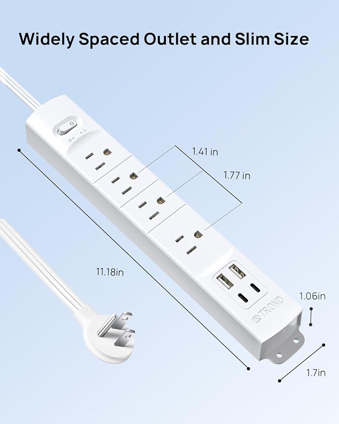 TROND Flat Plug Power Strip USB-10ft Flat Extension Cord Surge Protector Wall Mount, 2 USB C & 2 USB A Ports with Multiple Outlets, 1440J, 1625W for Office Supplies Dorm Room Essentials, White